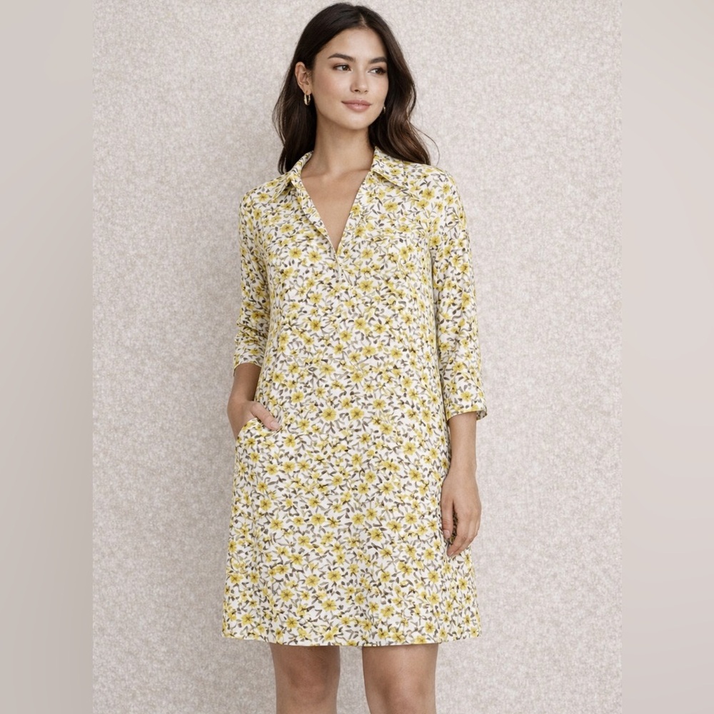 Imperfect yellow floral pocket dress vneck pointed collar lined bright bohemian